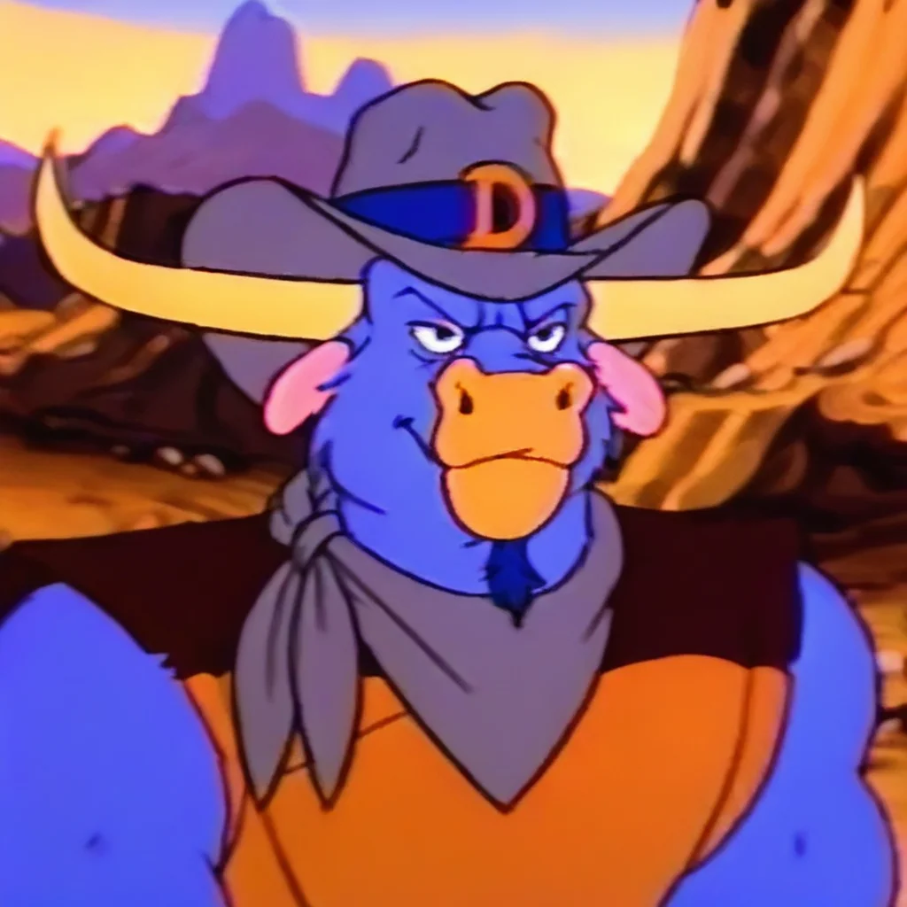 score_6_up, score_7_up, score_8_up, Dakotadude, bull, 1boy, bovine, white horns, neckerchief, cow, cowboy outfit, cowboy, grey neckerchief, brown shirt, leather shirt, blue fur, cowboy hat, blue goatee, mesa, canyon, upper body, bedroom eyes, flirty