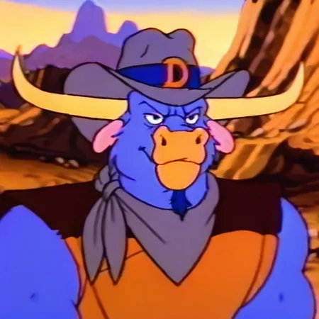 score_6_up, score_7_up, score_8_up, Dakotadude, bull, 1boy, bovine, white horns, neckerchief, cow, cowboy outfit, cowboy, grey neckerchief, brown shirt, leather shirt, blue fur, cowboy hat, blue goatee, mesa, canyon, upper body, bedroom eyes, flirty