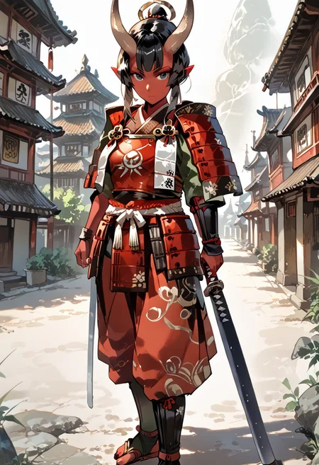 score_9, score_8_up, score_7_up, rating_suggestive, tiefling, one female, single person, red skin, black hair, straight horns, red samurai armor, easynegative, negative_hand, MythAn1m3, pointed ears, ancient japanese city, standing, samurai,
musuclar woman, amazona, full body, green black eyes, 1girl, red glowing katana,