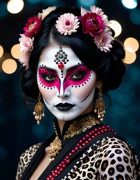 made out of ral-dryflwrs, Rule of Thirds, Retrofuturistic Gaelic (Woman of Embellishment:1.3) , wearing Anime Lehenga, the Woman has a noir Tribal Face Paint, Bokeh, loop lighting, cheetah print hue, Folded Lycra, raytraced reflections, designed by Loretta Lux, Greg Olsen, manga, feminine, asymmetrical, <lora:ral-dryflwrs-sdxl:0.7>, elegant, contemporary, fine artistic composition, highly complex, complex