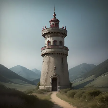 realistic analog photo, award winning photo, vary wide shot of (authoritarian) Cement witow (Military watchtower), fortified, building, scenery, dirt path, (on a hilltop), nature, outdoors, RAW, highres, 8k, uhd, High Dynamic Range, tonemapping, crisp details,
