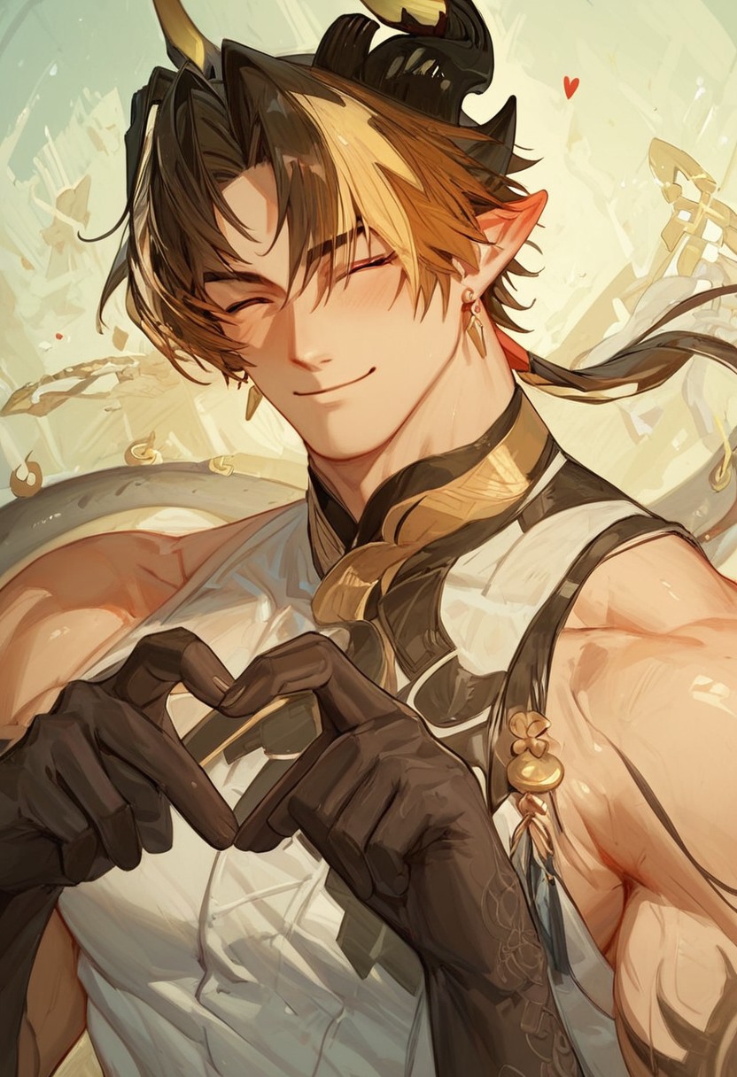 score_9_up, score_8_up, score_7_up, best quality, amazing quality, best aesthetic, chongyue_ak, low ponytail, horns red eyes, brown hair, streaked hair, pointy ears, horns, sleeveless, white shirt, white pants, dragon tail, muscular male, heart fingers, heart hands, detailed, perfect, perfection, smile, winking, outside, sunny, expressiveh