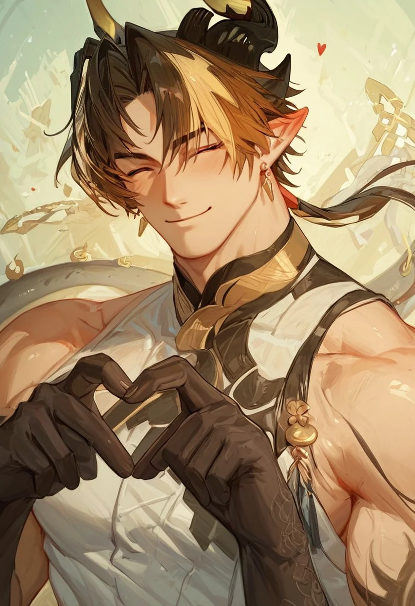 score_9_up, score_8_up, score_7_up, best quality, amazing quality, best aesthetic, chongyue_ak, low ponytail, horns red eyes, brown hair, streaked hair, pointy ears, horns, sleeveless, white shirt, white pants, dragon tail, muscular male, heart fingers, heart hands, detailed, perfect, perfection, smile, winking, outside, sunny, expressiveh