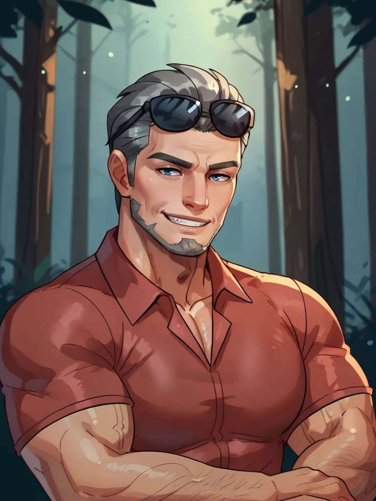 portrait of connor_dvc man, grey hair, sunglasses resting on head, golden tooth, blue eyes, polo shirt, forest background,   <lora:Connor_Disventure_Camp:.8> bara, muscular, smirk, facial hair,, score_9, score_8_up, score_7_up, <lora:Smooth Anime 2 Style SDXL_LoRA_Pony Diffusion V6 XL:.3>   <lora:add-detail-xl:.8>  zPDXL3,