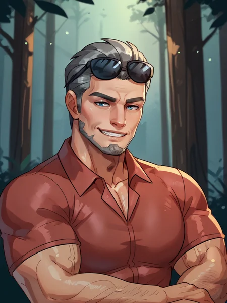 portrait of connor_dvc man, grey hair, sunglasses resting on head, golden tooth, blue eyes, polo shirt, forest background, <lora:Connor_Disventure_Camp:.8> bara, muscular, smirk, facial hair,, score_9, score_8_up, score_7_up, <lora:Smooth Anime 2 Style SDXL_LoRA_Pony Diffusion V6 XL:.3> <lora:add-detail-xl:.8> zPDXL3,