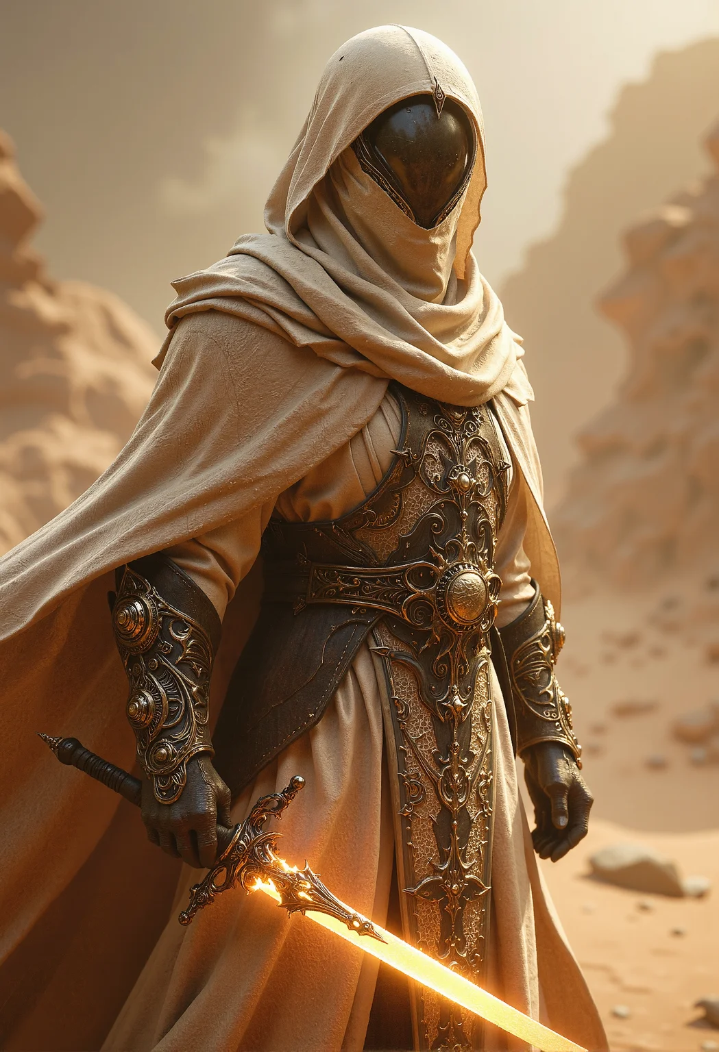 Desert nomad, flowing beige robes, veiled face, glowing dagger, sandstorm backdrop <lora:- Flux1 - vanta_black_V1.0.safetensors:0.45>, <lora:black_fantasy.safetensors:0.25>, <lora:aiai-Glimra-Flux-Dev-v2.safetensors:0.5>, <lora:aidmaBaldursGate3-FLUX-v0.1.safetensors:0.5>,