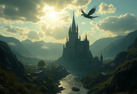 In a dimly lit, atmospheric scene a stunningly beautifully crafted majestic castle stands tall and mighty against the backdrop of a sunny clear day. The castle is surrounded by villages and streams,  A dragon flies overhead in the sky. The image is rendered in muted, desaturated colors with a warm color grade, evoking a sense of nostalgia and foreboding. A subtle film grain and slight vignetting add to the overall sense of unease and mystique. hkmagic