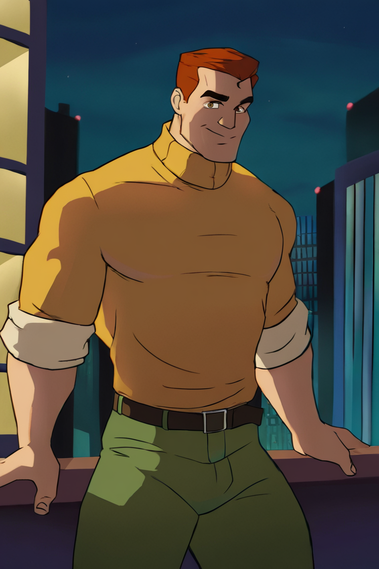 masterpiece, best quality, highres, newest, eddiebrock, 1boy, solo, male focus, mature male, short hair, orange hair, brown eyes, thick eyebrows, muscular male, yellow turtleneck sweater, sleeves rolled up, green pants, looking at viewer, smile, standing, cowboy shot, outdoors, city, building, night, night sky <lora:Venom (Eddie Brock) Spider-Man TAS v1.2 [LoRA] - NoobAI-XL EPS 1.0:0.8>