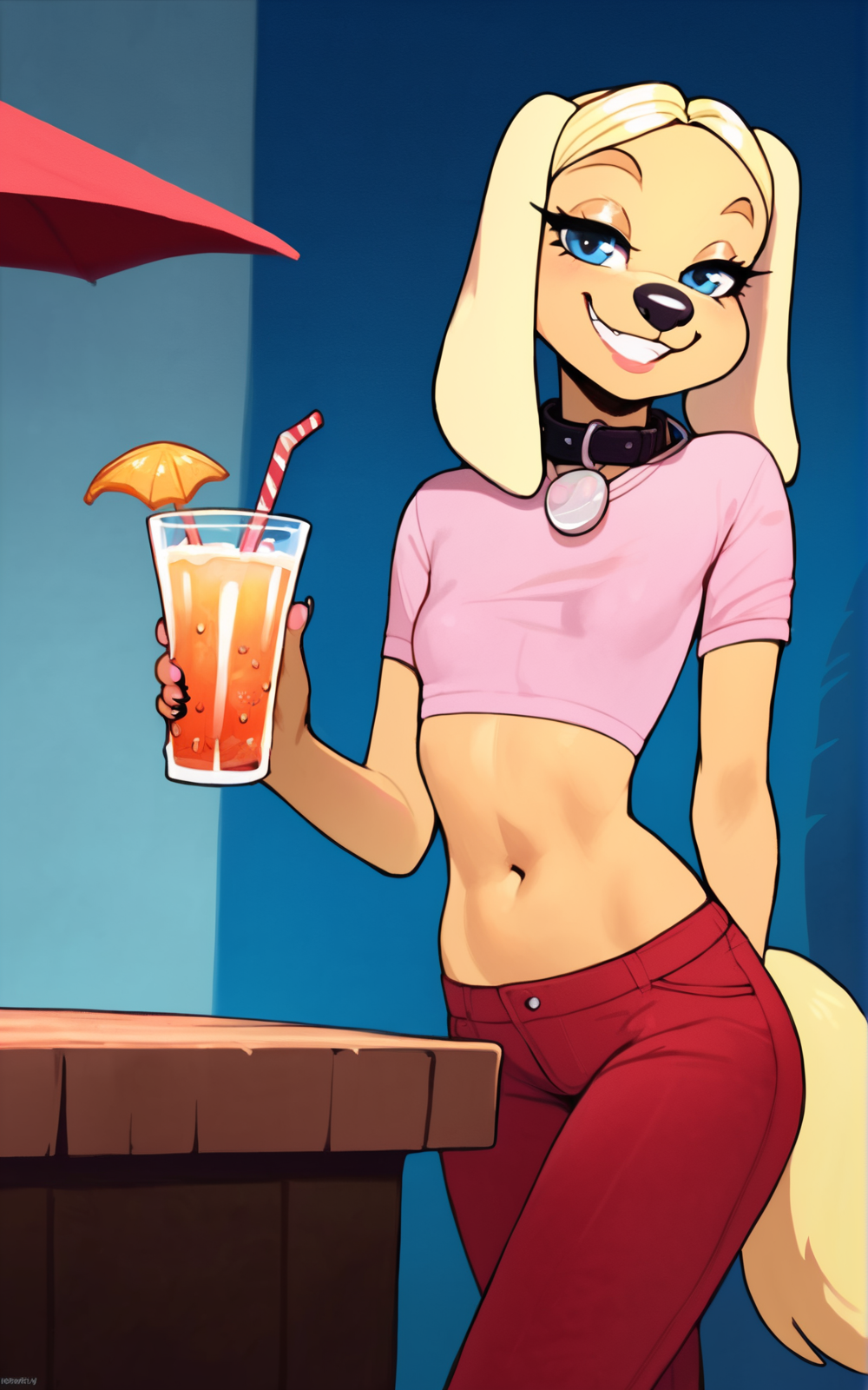 score_9, score_8_up, score_7_up,((best quality)), absurdres,<lora:3d-2d:0.8>,    <lora:BrandiHarringtonSDXL:0.8>,BrandiHarringtonSDXL,furry, furry female, shirt, tail,dog girl, animal ears, blue eyes,( dog tail), dog ears,breast,small chest, blonde hair,animal nose,pants, red pants,blonde hair, midriff,pink shirt,collar,navel,leaning on a table of a beach bar,  holding drink,smile,smug, grin,solo,slim
