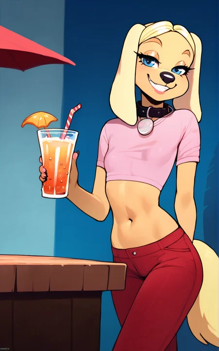 score_9, score_8_up, score_7_up,((best quality)), absurdres,<lora:3d-2d:0.8>,    <lora:BrandiHarringtonSDXL:0.8>,BrandiHarringtonSDXL,furry, furry female, shirt, tail,dog girl, animal ears, blue eyes,( dog tail), dog ears,breast,small chest, blonde hair,animal nose,pants, red pants,blonde hair, midriff,pink shirt,collar,navel,leaning on a table of a beach bar,  holding drink,smile,smug, grin,solo,slim