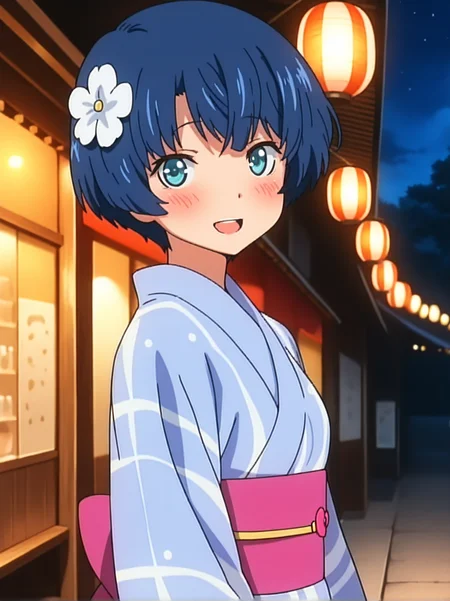 (masterpiece:1.4), (best quality:1.4),,absurdres,anime screenshot
1girl,female focus,solo,,detailed eyes,1girl,
tanigawa_kanna,  
blue hair, short hair, blue eyes,   aqua eyes, 
 hair ornament, hair flower, yukata, sash,  obi, blue kimono,
smile,looking at viewer,blush,open mouth,
upper body
outdoor,yatai,,night,
from side
 <lora:kanna:1.2>