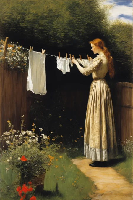 John Everett Millais Style - woman in a flowing velvet dress hanging laundry outside to dry on a clothesline, child picking flowers beside her Pre-Raphaelite, John Everett Millais oil painting