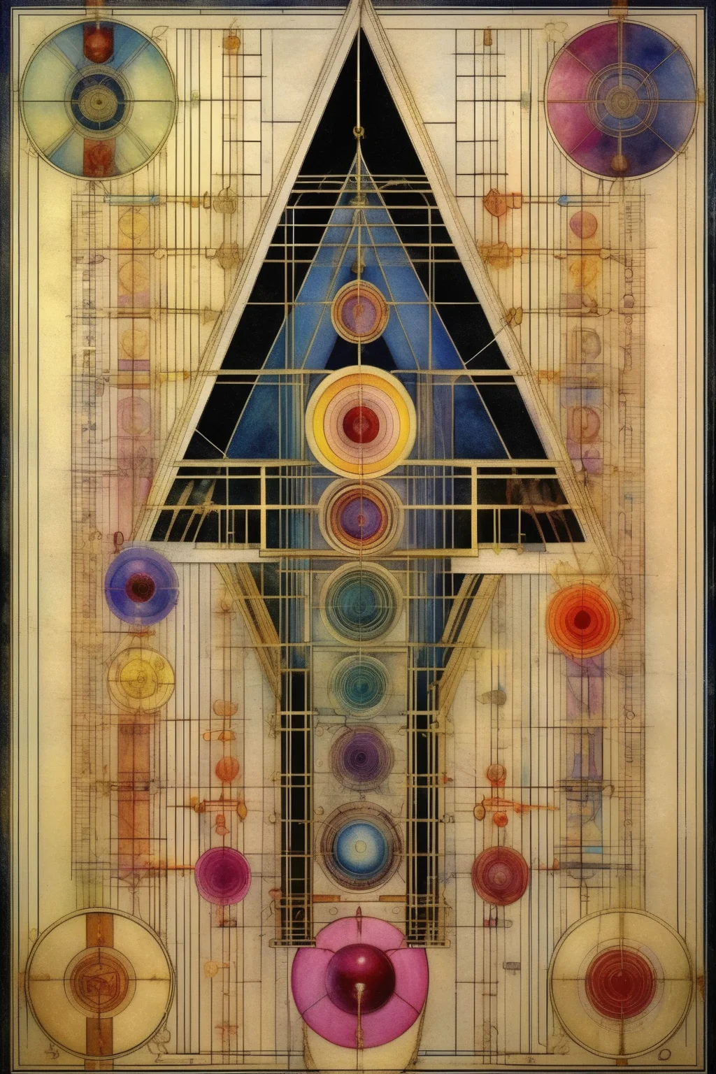 <lora:Paul Laffoley Style:1>Paul Laffoley Style - tetragrammaton chakras sacred geometry golden ratio, in the style of charles rennie Mackintosh