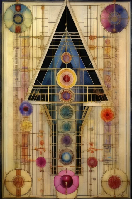 <lora:Paul Laffoley Style:1>Paul Laffoley Style - tetragrammaton chakras sacred geometry golden ratio, in the style of charles rennie Mackintosh