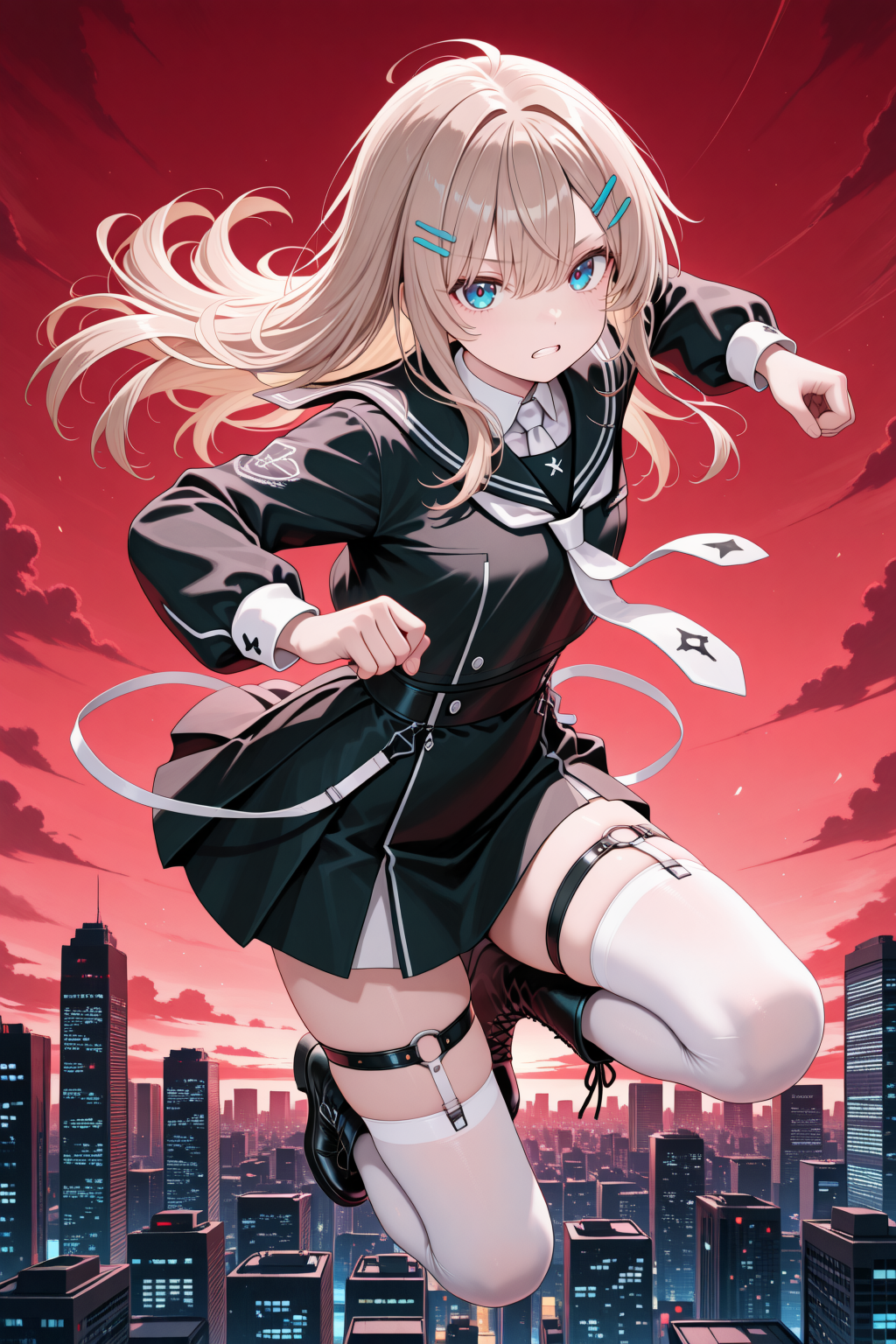 lazypos,1girl, solo, light brown hair, long hair, blue eyes, hairclip, black shirt, black sailor collar, white necktie, long sleeves, black skirt, white thighhighs, thigh strap, black boots, serious, clenched teeth, red sky, city skyline, jumping, looking at viewer <lora:detail_slider_v1_000000450:5> <lora:TrendCraft_The_Peoples_Style_Detailer-v1.0A-3_13_2025-illustrious:0.2>