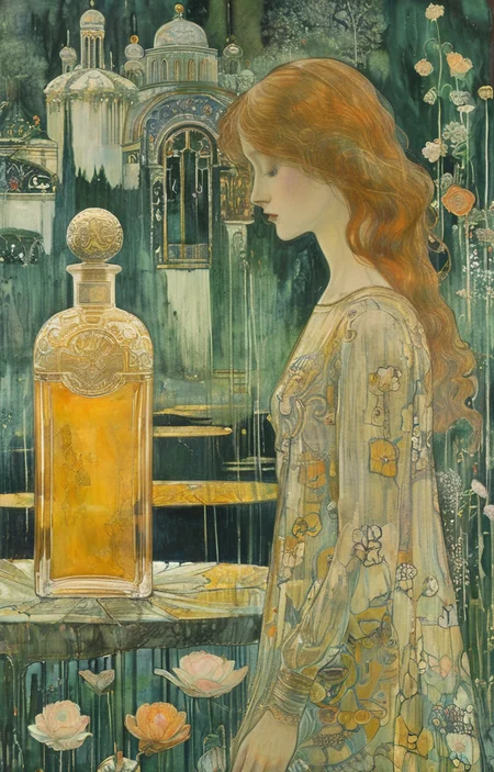 masterpiece,best quality,<lora:tbh267-sdxl:0.9>,illustration,style of Jan Toorop A bottle of perfume in garden