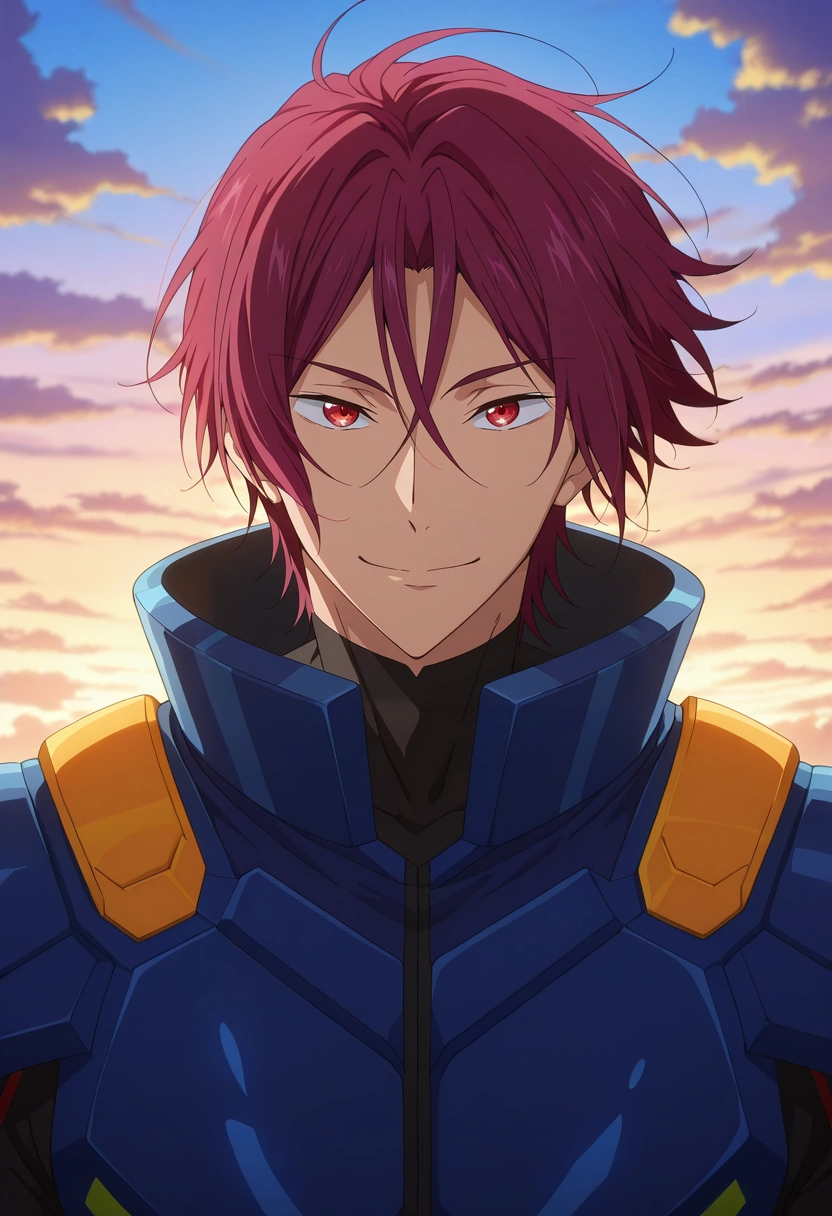 masterpiece, best quality, , anime screencap, anime coloring, official style, looking at viewer, 1boy, solo, male focus, <lora:rin_matsuoka_ilxl:0.96>, rin_matsuoka, red hair, red eyes, hair between eyes, cloud market, mist stalls, wind wares, sky paths, shopping pose, cheerful expression, morning, galactic warrior costume