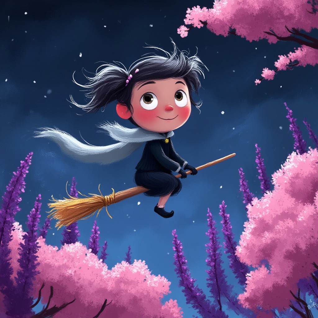A whimsical illustration of a tiny witch with messy pigtails in dark whimsical art style, flying on crooked broomstick, soaring above pink cherry blossoms and purple wisteria, digital painting with expressive brushstrokes, starlit sky background, characteristic Tim Burton inspired design with playful eyes