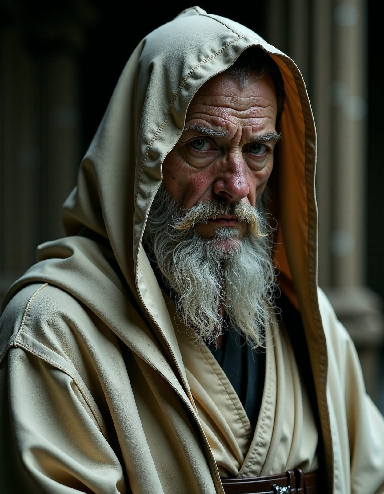 Portrait of an old decrepit man,  in the style of ck-ncr, half cyborg intrigant gaze looking to viewer, wearing tattered old robe, hooded, mysterious mystical scene, Jedi master, <lora:ck-Neurocore-Realistic-Cyborgs:0.75>