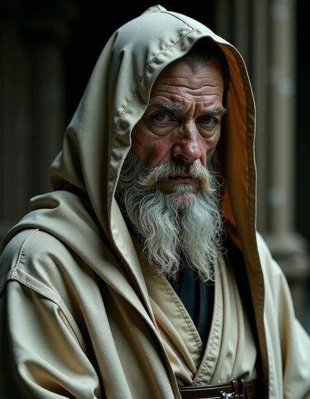 Portrait of an old decrepit man,  in the style of ck-ncr, half cyborg intrigant gaze looking to viewer, wearing tattered old robe, hooded, mysterious mystical scene, Jedi master, <lora:ck-Neurocore-Realistic-Cyborgs:0.75>
