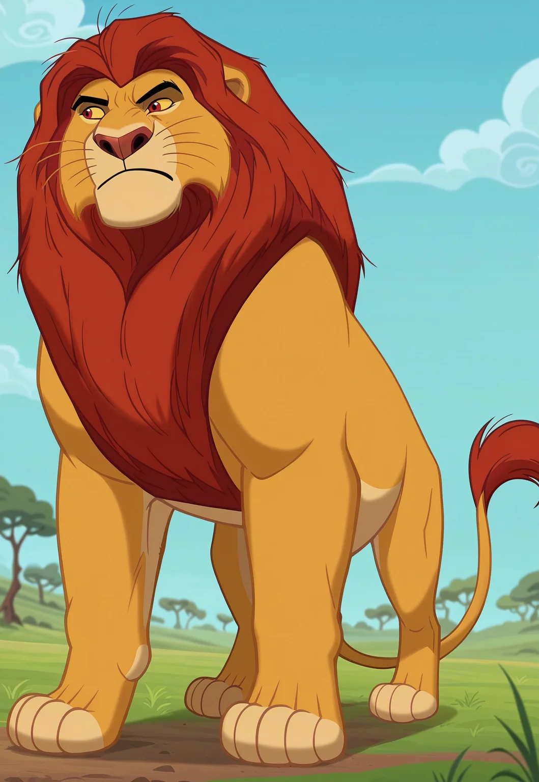 safe_pos, score_9, score_8_up, score_7_up, score_6_up, hi res, highly detailed, masterpiece, low angle, dynamic angle, standing on big rock, savanna, grass, blurred background, screencap, Mufasa, Lion, Yellow Sclera, Red Eyes, nude, solo, male, feral, looking away, looking concentrated