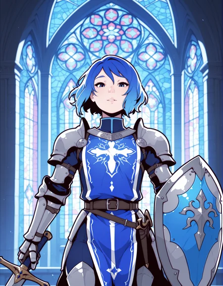 masterpiece, best quality, amazing quality, 1boy, blue hair, armor, sword, shield, blue tabard, cathedral, stained glass window, cowboy shot, looking at viewer, <lora:Tehdave_VanillaCookies_idkanymore50_Style_IL:0.9>