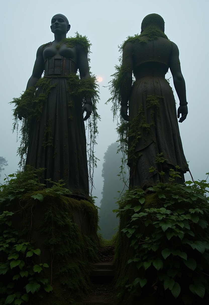 ajweathbo. A pair of ancient, weathered mechanical statues, standing as relics of a forgotten higher civilization. Overgrown with thick vines and moss, their once-polished surfaces now dulled and cracked, revealing intricate, rusted mechanical components beneath. The statues tower over the scene, their weathered features still holding a faint trace of grandeur. The atmosphere is misty and mysterious, with the soft glow of distant light filtering through the foliage, casting eerie shadows on the statues' surfaces. Every detail of the mechanical joints, gears, and wiring is visible, showing the passage of time and the decay of technology long since abandoned.