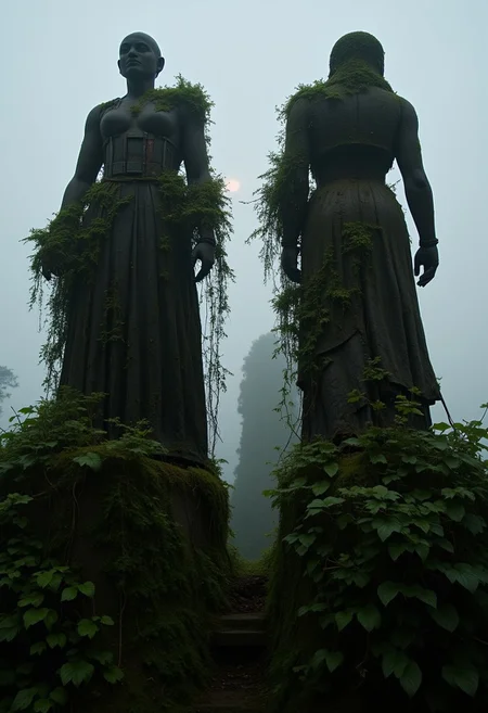 ajweathbo. A pair of ancient, weathered mechanical statues, standing as relics of a forgotten higher civilization. Overgrown with thick vines and moss, their once-polished surfaces now dulled and cracked, revealing intricate, rusted mechanical components beneath. The statues tower over the scene, their weathered features still holding a faint trace of grandeur. The atmosphere is misty and mysterious, with the soft glow of distant light filtering through the foliage, casting eerie shadows on the statues' surfaces. Every detail of the mechanical joints, gears, and wiring is visible, showing the passage of time and the decay of technology long since abandoned.