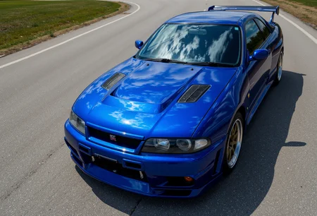 <lora:Nissan_Skyline_GT-R_R33:0.7> A slightly from above eye level of a gorgeous Nissan Skyline GT-R R33 in all its shining glory. In a style of clean look. The car has dark blue with black undertone paint job. Mirror-like, high gloss finish catches bright highlights. Vibrant, rich color palette.