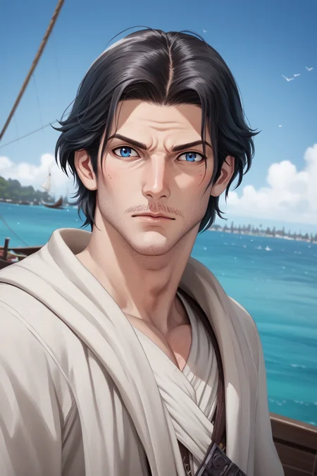 dwntrilffxivpdxl, solo, blue eyes, black hair, 1boy, male focus, facial hair, stubble, outdoors, sailing boat, cinematic angle, dreamlike, face focus, sharp focus, PonyXLV6_Scores, <lora:FFXIV-DAWNTRAILPDXL:1>