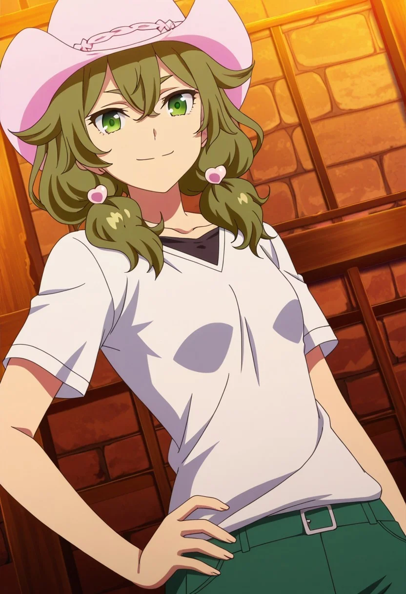 general,highres, ultra-detailed,very aesthetic,best quality ,best hands,best eyes,easynegative,
dynamic anglre, dutch angle, anime cloring,anime screencap,
1girl solo,looking at viewer,wilderness,smile, hand on hip,
Meifon Sakura,green_eyes, small breasts, wavy hair, middle hair, hair_ornaments, ochre_hair,hat,shirt,pants,