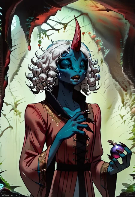 1 person, Kufr, blue skin, single horn, white hair, curly hair, black sclera, red horn, androgynous, ((slim figure, sleek skin)), ((flat nose:1.2, nasal slits)):1.8, 4 fingers, sharp nails, thin lips, sharp teeth,
holding up one hand, hand raised in front of face, examining hand,
((Close up, detailed face)), head focus, front view, variety,
loose clothing, ragged clothing,
((cavern background, organic chamber, soft light, moss on ceiling, luminous moss)),
clean lines, smooth colors, sfw, source: semi-realistic, medieval style, rating: pg, score: 8 up, score: 9