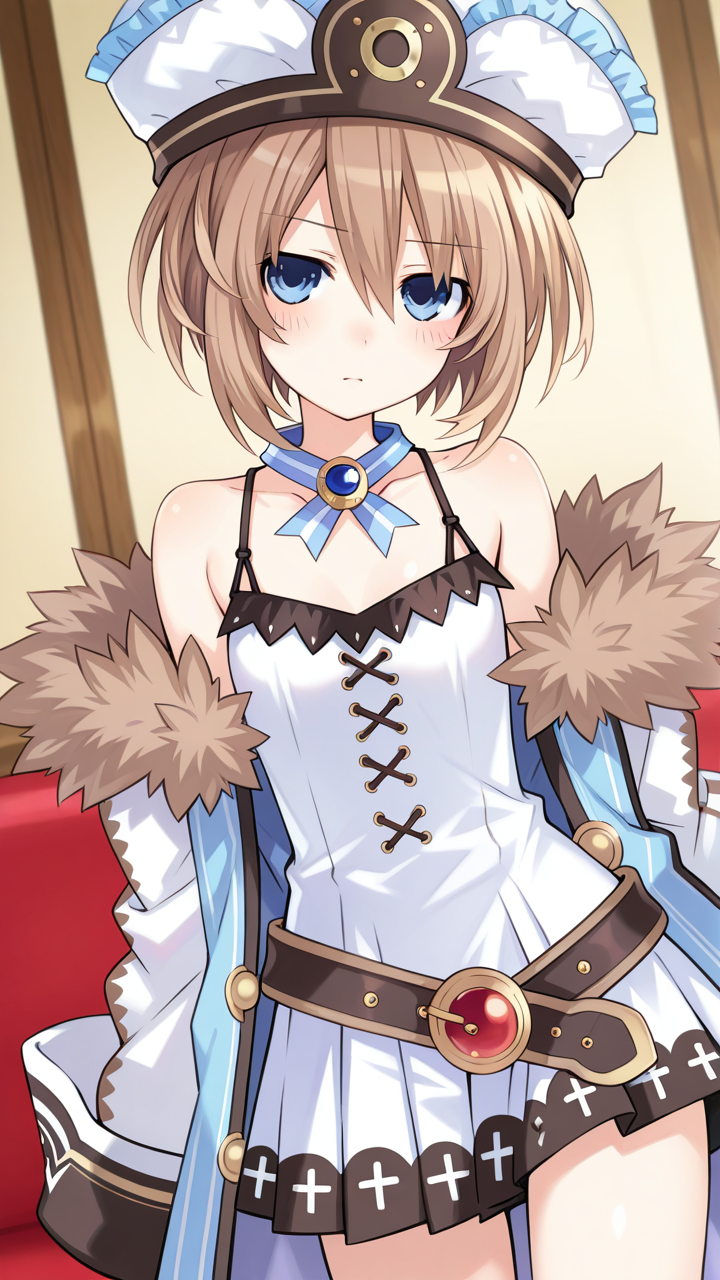 masterpiece, best quality, amazing quality, very aesthetic, absurdres, newest, anime screencap, <lora:blancILM:1>, blanc (neptunia), blue eyes, blush, flat chest, brown hair, short hair, tsunako, bare shoulders, belt, fur trim, fur-trimmed coat, brooch, cross-laced clothes, frills, frilled hat, open clothes, open jacket, jacket, jewelry, loose belt, neck ribbon, off shoulder, coat, white dress,