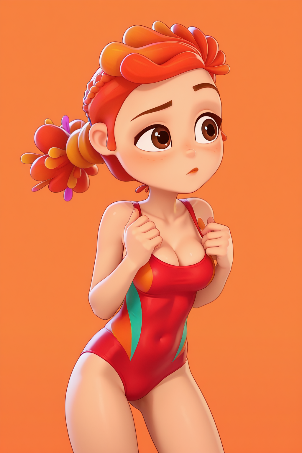 1girl, solo, FAlenkaF, orange hair, brown eyes, swimsuit, medium breasts, cleavage, orange background, simple background
