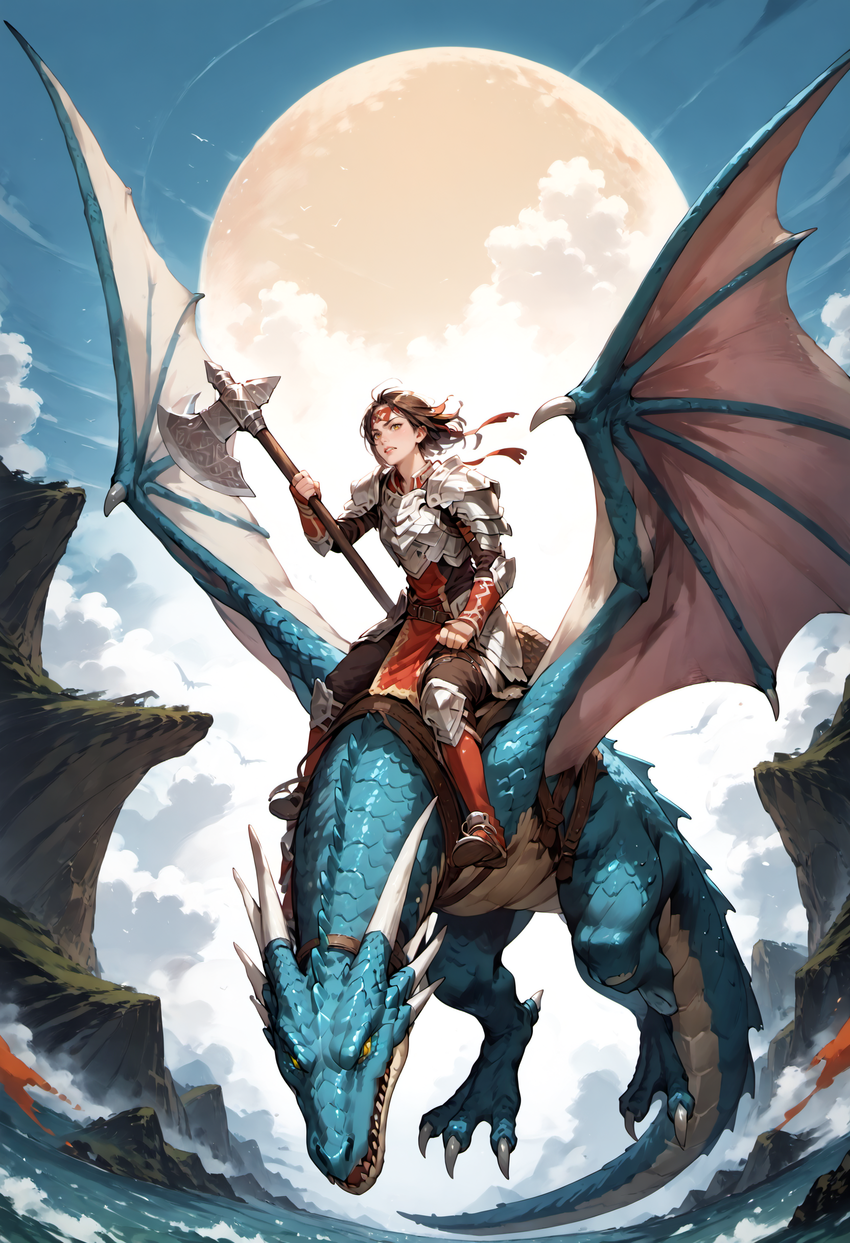 score_9,score_8_up,score_7_up,extreme detailed,zPDXL,sky,flying BREAK 1girl,
<lora:Pony_DetailV2.0:1> BREAK wyvern rider,wyvern,wings,dragon riding,dragon wings,armor,holding axe,<lora:wyvern rider-pony:0.8>,fighting stance,close-up,