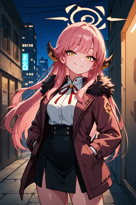 masterpiece, best quality, 1girl, solo, 21 year old model, eyelashes, (beautiful eyes), ,,,zzAru, yellow eyes, pink hair, long hair, demon horns, halo brown coat, white shirt, black skirt, red ribbon, fur-trimmed coat , <lora:AruBlueArchiveIXL:1.0>,,, stars, night, luminescent background, city, back alley, smug, hands in pockets, smile, looking at viewer, shiny skin, <lora:GoldenCATLoraIXL:0.6>, <lora:princess_xl_v2:0.3>,