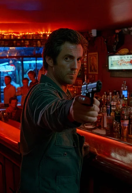 rmuller, Ron Fricke style, cinematic still, realistic man pointing a gun towards the viewer, in a busy bar, red light, Kodak Motion Picture Film Style, sharp details, bokeh, sharp details,