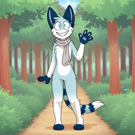Reiny(RB), solo, 1girl, anthro, female furry, cat, catgirl, blue and white fur, dark blue ears, dark blue paws, striped tail, blue eyes, gray scarf, sunny, forest background, full body, looking at viewer, waving at viewer, smiling