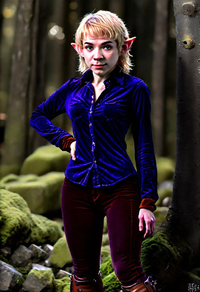 photo of pale (Age 19) female (halfling:1.75), flat chested, tiny nipples, rectangle body shape, shaggy blonde, middle part, blue eyes, (Dark purple)/(Dark Orange) masculine shirt/pants, homely, tiny, petite, thin, toned, lithe, full body, (asian forest), D&D character, druid, HDR