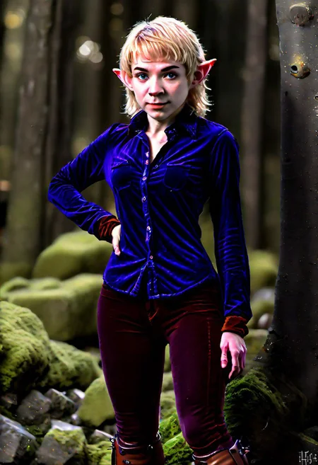 photo of pale (Age 19) female (halfling:1.75), flat chested, tiny nipples, rectangle body shape, shaggy blonde, middle part, blue eyes, (Dark purple)/(Dark Orange) masculine shirt/pants, homely, tiny, petite, thin, toned, lithe, full body, (asian forest), D&D character, druid, HDR