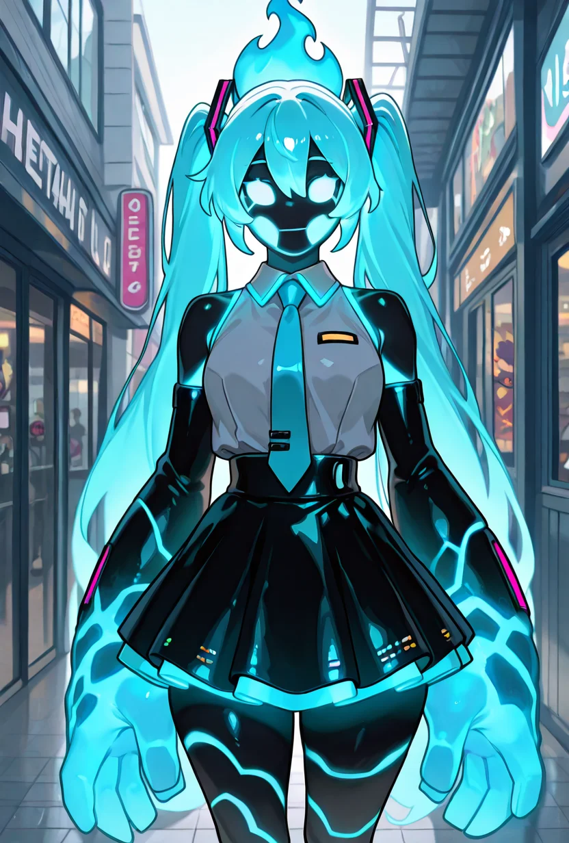 <lora:heatblast-09:1.2> heatblast, blue fire fire, black skirt, black skin, miku hair, long fire twin tails, miku outfit, hatsune miku cosplay,vlue fire hair, big hands, public background, public location, grey shirt, blue tie, glowing blue hands, masterpiece, best quality, amazing quality, very aesthetic, absurdres, newest,