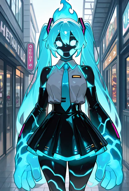 <lora:heatblast-09:1.2> heatblast, blue fire fire, black skirt, black skin, miku hair, long fire twin tails, miku outfit, hatsune miku cosplay,vlue fire hair, big hands, public background, public location, grey shirt, blue tie, glowing blue hands, masterpiece, best quality, amazing quality, very aesthetic, absurdres, newest,