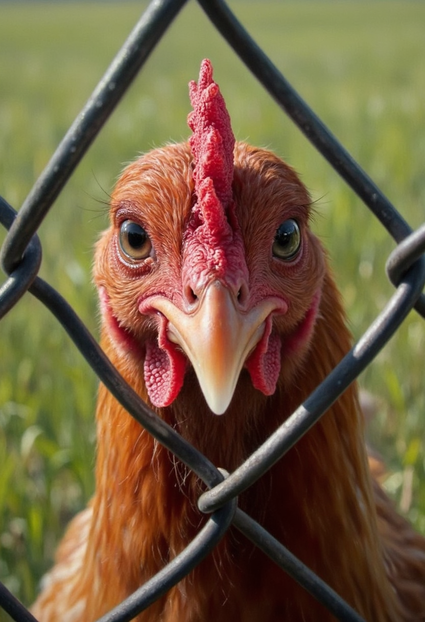 photorealistic painting of a chicken's face, looking at the viewer through a chain linked fence, detailed eyes, detailed feathers and beak, detailed short grass in the background, soft light <lora:hyperrealism-000103:1>