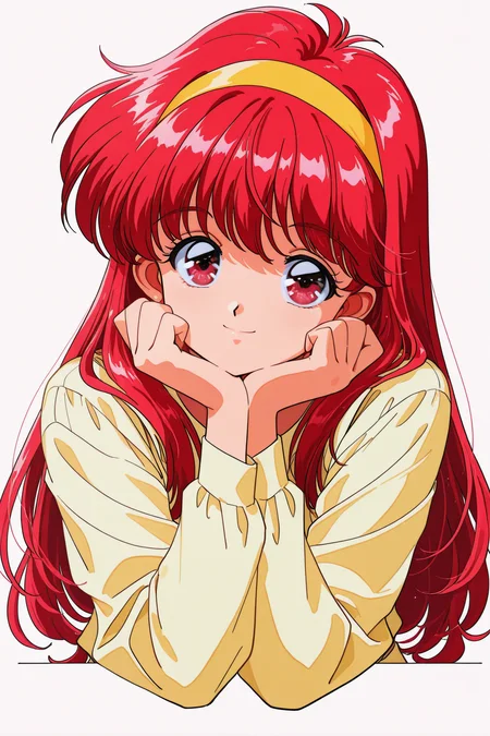 Fujisaki Shiori,1girl,solo,long hair,yellow hairband,red eyes,retro artstyle,red hair,white background,simple background,long sleeves,upper body,head rest,smile,hand on own face,looking at viewer,
<lora:Tokimeki Memorial_illustriousXL:0.3>,
<lora:hrn_yc_illustriousXL:1>,