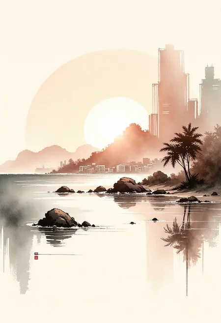 traditional japanese art style, ink on paper, wabi-sabi, henna and carmine, sepia, BREAK, image of Okinawa, tropical beaches and coastal city, sunset, minimal brush strokes, Inkwashara