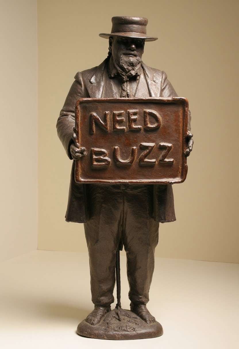 Bronze statue by S410CHURYO. 
a suit man holding a bronze sign saying "NEED BUZZ".
in Louvre Museum.