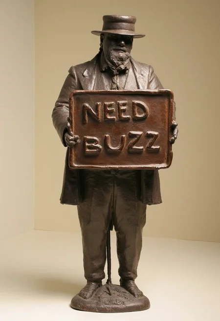 Bronze statue by S410CHURYO.
a suit man holding a bronze sign saying "NEED BUZZ".
in Louvre Museum.
