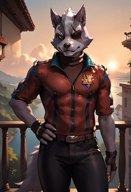 score_9_up, score_8_up, score_7_up, masterpiece, best quality, amazing quality, very aesthetic, absurdres, newest, high quality, detailed,  volumetric lighting, Wolf O’Donnell, broad shoulders, mature male, red eyes, athletic build, animal ears, wolf, scruffy, anthro, anthro male, gray fur, eyepatch on left eye, red and black short sleeve jacket, brown turtleneck, black fingerless gloves, black pants, standing, looking at viewer, indoors, one hand on hip, outdoors, sunset, balcony, thick thighs, pecs, wide hips