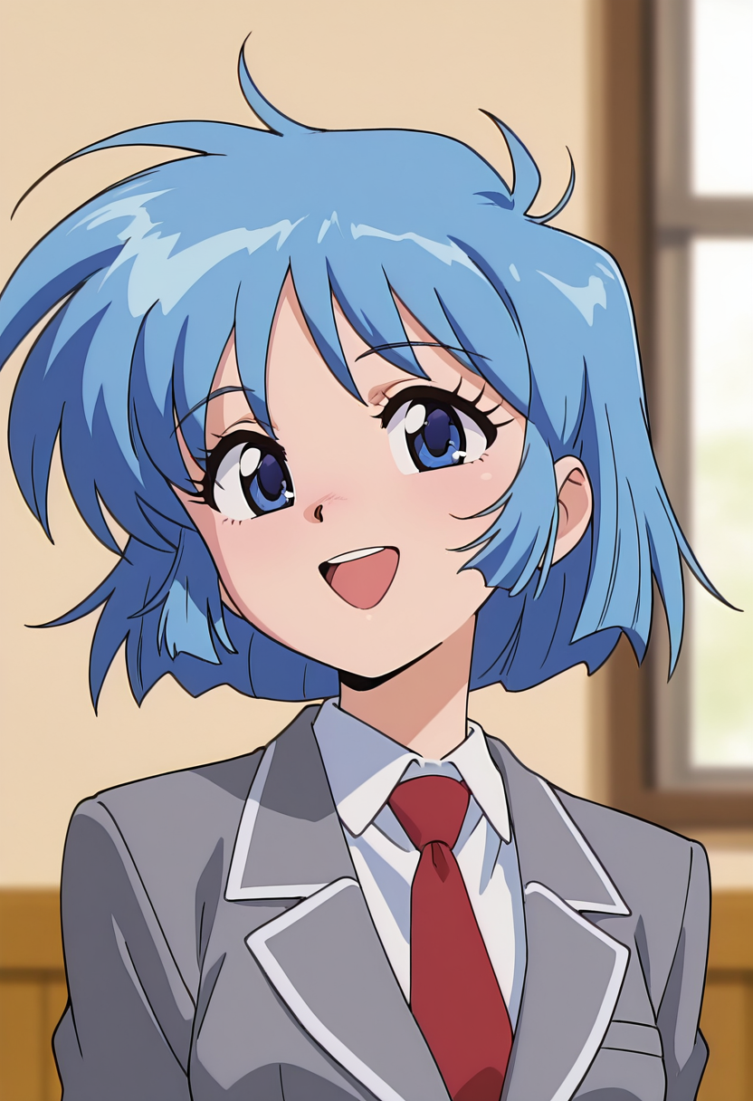 masterpiece, best quality, amazing quality, very aesthetic, absurdres, newest, illustration, perfect composition, intricate details, highres, uncensored, general, 1girl, solo, (portrait:1.2),  ogawa hiroe, blue hair, blue eyes, short hair, small breasts, school uniform, blazer, grey jacket, red necktie, looking at viewer, smile, open mouth, shiny body, shiny skin, skindentation, clear skin, shiny hair, ultra detailed eyes, depth of field, sharp, intricate details, hyperdetailed, ultra-detailed, detailed clothing folds, high contrast, dynamic light <lora:Hiroe Ogawa_Nageki no Kenkou Yuuryouji_ill:1>