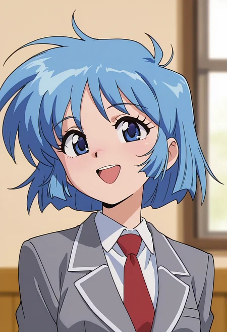 masterpiece, best quality, amazing quality, very aesthetic, absurdres, newest, illustration, perfect composition, intricate details, highres, uncensored, general, 1girl, solo, (portrait:1.2), ogawa hiroe, blue hair, blue eyes, short hair, small breasts, school uniform, blazer, grey jacket, red necktie, looking at viewer, smile, open mouth, shiny body, shiny skin, skindentation, clear skin, shiny hair, ultra detailed eyes, depth of field, sharp, intricate details, hyperdetailed, ultra-detailed, detailed clothing folds, high contrast, dynamic light <lora:Hiroe Ogawa_Nageki no Kenkou Yuuryouji_ill:1>